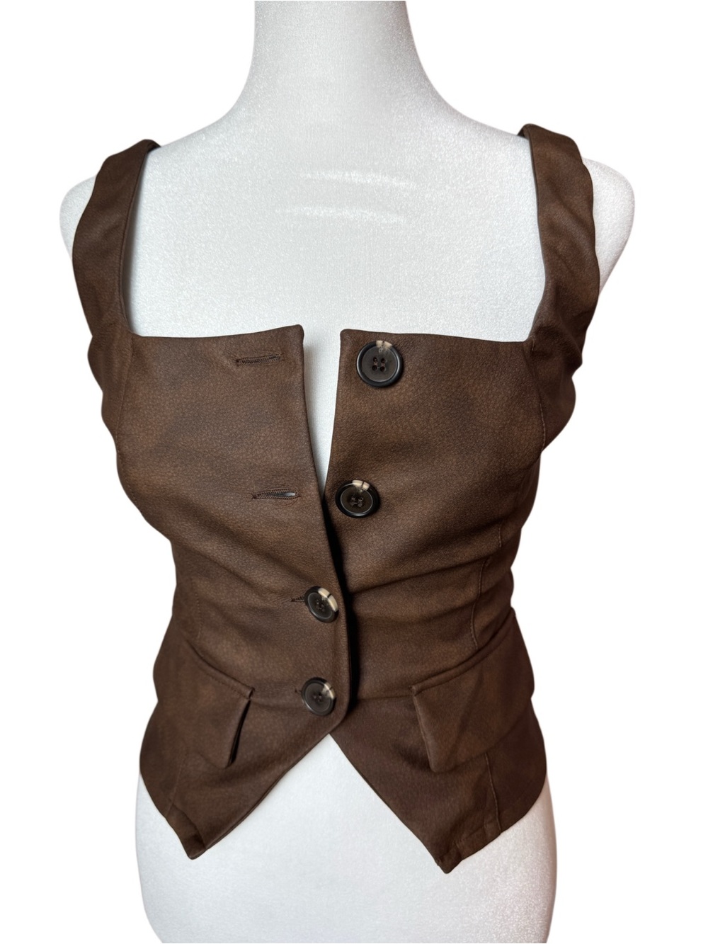 NWT Vanwell London Brown Button-Front Faux LeatherTop